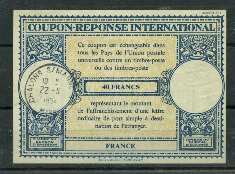 FRANCE 40 francs 1954 C22 used  - International Reply Coupon IRC