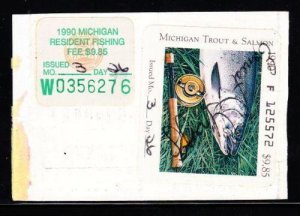 MICHIGAN  1990  $9.85 Trout/Salmon Stamp, Fishing Stamp on Fishing License