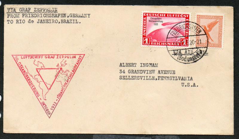 1933 German Graf Zeppelin Cover Scott #C31 & C43 South America Chicagofahrt