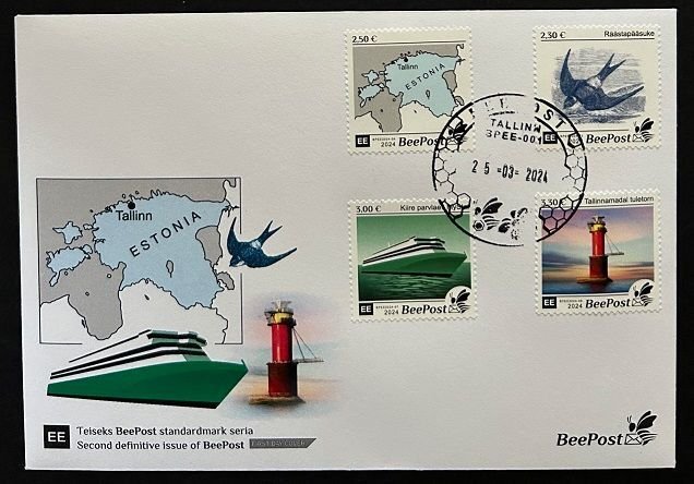 Estonia 2024 Definitives Birds Map Ship Lighthouse BeePost set of 4 stamps FDC