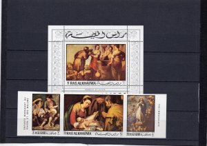 RAS AL KHAIMA 1970 CHRISTMAS PAINTINGS BY MURILLO STRIP OF 3 STAMPS & S/S MNH