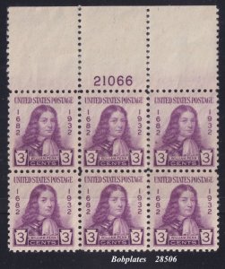 BOBPLATES US #724 Penn Full Top Plate Block 21066 VF MNH SCV= $12