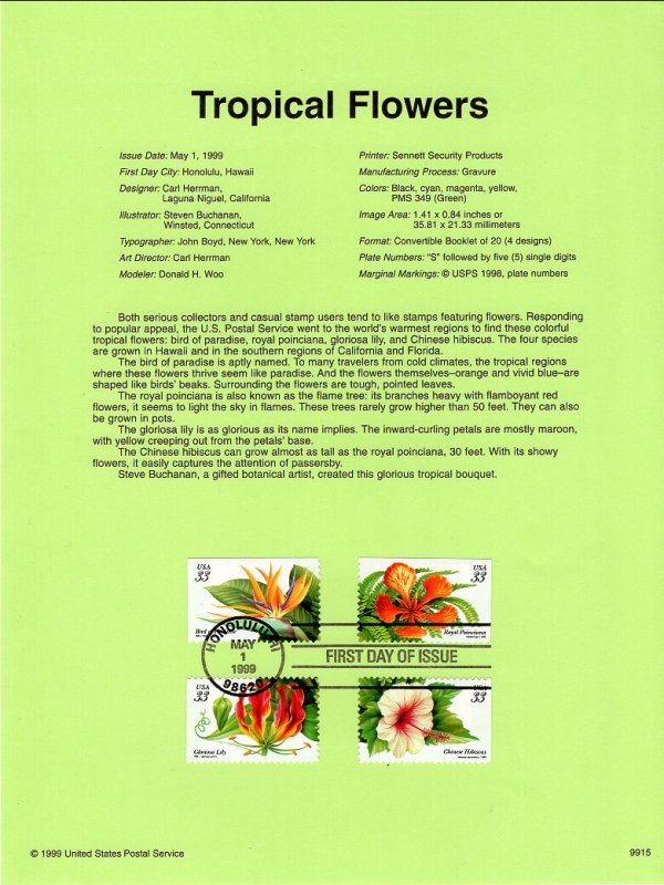 US SP1309 Tropical Flowers 3310-3313 Souvenir Page FDC