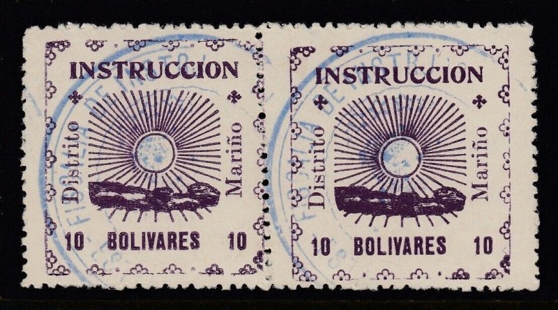 Venezuela 1903 10b Violet Maturin Provisional Postal Fiscal Pair Used 