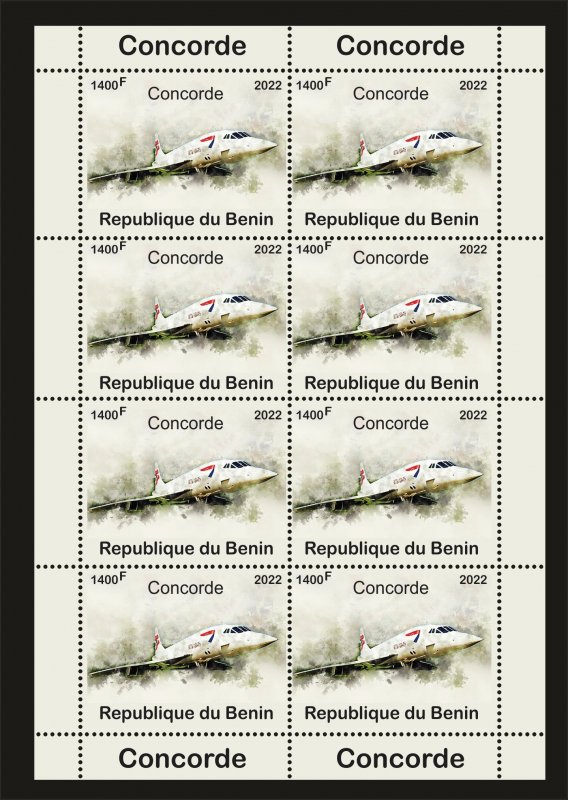 Stamps. France Aviation, Plane, Concorde 1 sheet perforated 2022 year Benin NEW