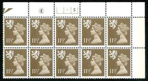 XSL1 1981 Scotland 11.5p drab cyl 6A4B no dot P1A block of 10