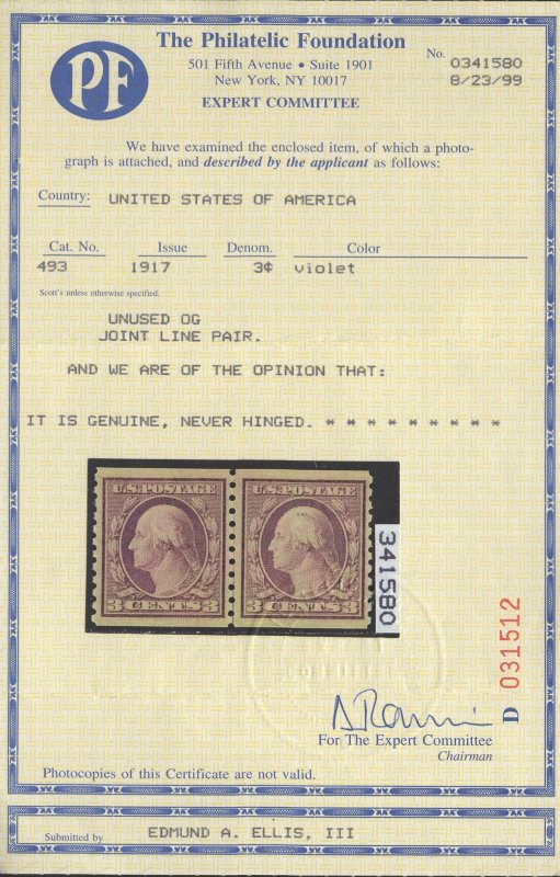 CERTIFIED US #493 3c Violet Washington Coil JOINT LINE PAIR MINT NH SCV $230