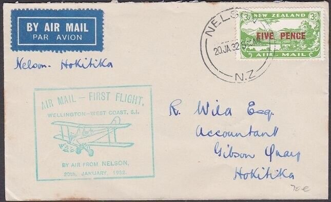 NEW ZEALAND 1932 First flight cover Nelson to Hokitika......................z720 