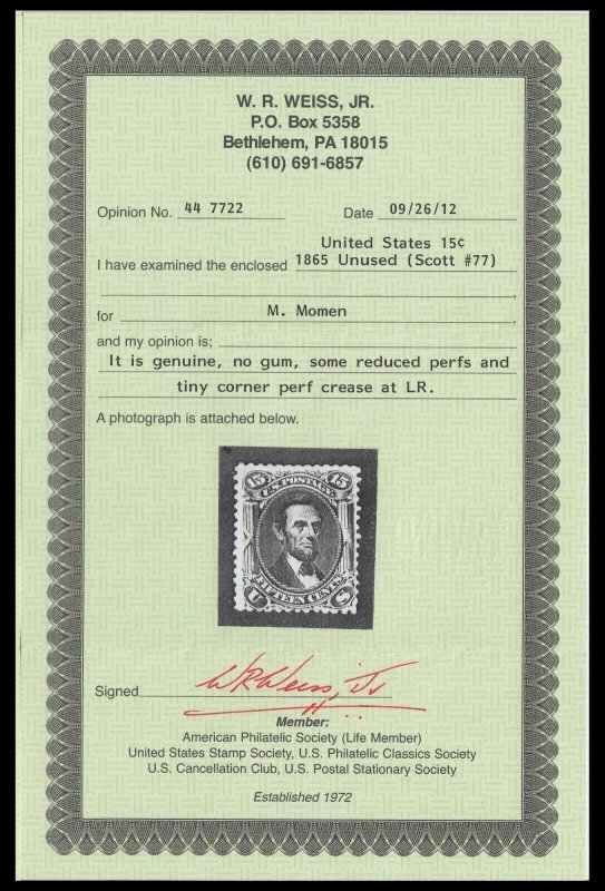 U.S. 77 FVF App. NG 2012 Weiss Cert (93021) 