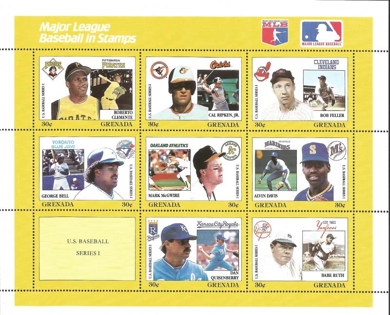 J) 2017 GRENADA,  MAJOR LEAGUE BASEBALL IN STAMPS, ROBERTO CLEMENTE, CAL RIPKEN,