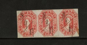 Tasmania #16 Very Fine Used Strip Of Three Right Stamp Has Stain At Lower Right