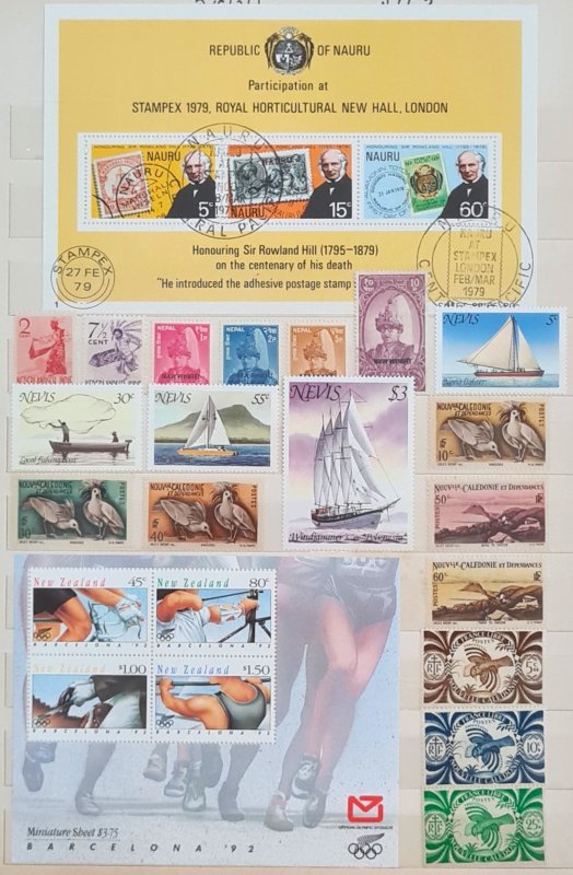 WW assortment (3 albums) F-XF stamps, postcards, FDC, SS.  Mostly unused