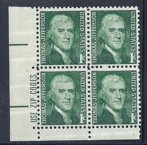 US#1278 - 1c  Plate Block of 4 Thomas Jefferson CV$0.25