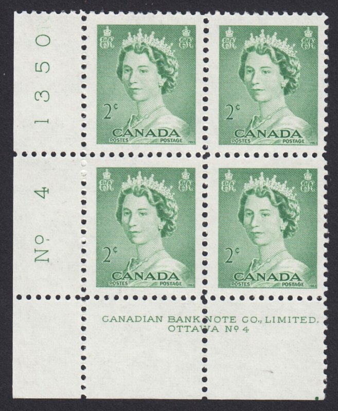 QUEEN ELIZABETH II = Canada 1953 #326 MNH LL Block of 4 Plate #4, KARSH PORTRAIT