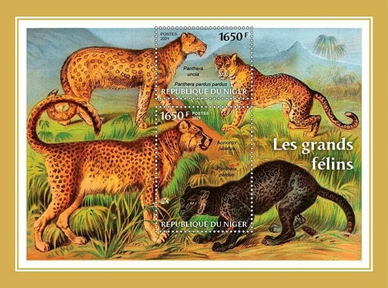 Niger 2021 MNH Wild Animals Stamps Big Cats Snow Leopards Cheetah 2v M/S 