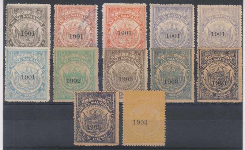 EL SALVADOR REVENUES 1901-03 MUNICIPAL Ross 57-60, 60a, 62, 70, 77x, 81, 81x, 82