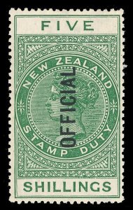 New Zealand 1915 QV 5s shows NO STOP AFTER OFFICIAL variety MLH. SG O86a.