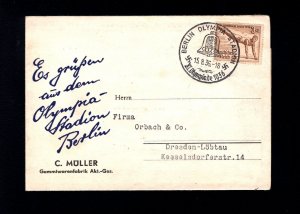 Germany Olympics 1936 Greetings Ad Muller Factory SCARCE Berlin Stadium Cover 6a