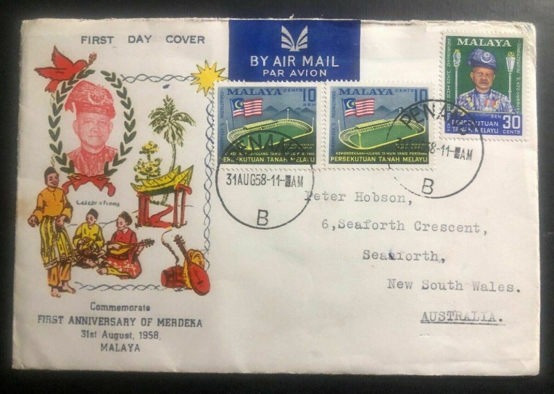 1958 Penang Malaya First Day Cover FDC To Seaforth Australia Merdeka Anniversary