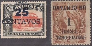 GUATEMALA: Overprint Varities x2 incl 25c #201c var w/ shift, also #42g inverted