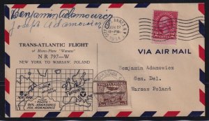 United States Poland 1934 Adamowicz First Transatlantic to Warsaw Signed Cover