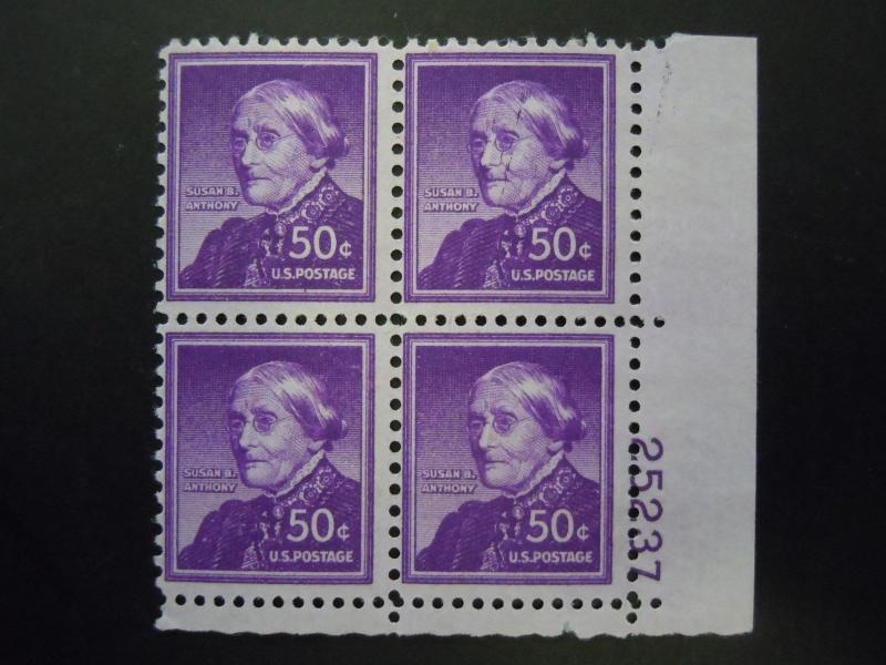 1955 #1051 50c Susan B Anthony Plate Block Wet Printing MNH OG Inc New Mount