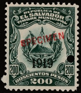 ✔️ EL SALVADOR 1919 (1918) COAT OF ARMS MUNICIPAL REVENUE 200 PESOS MNH [009]
