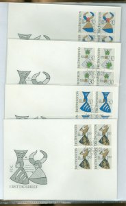 Liechtenstein 411-414 1966 coats of arms, set of 4 blocks of 4 on three unaddressed, cacheted covers