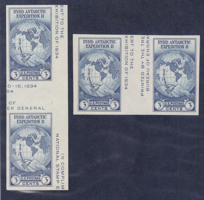 US 768a MNH 1935 3¢ Dark Blue Byrd IMPERF Hz & Vert Gutter Pairs Set Very Fine