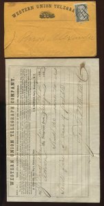 73 Jackson Used on Western Union Telegraph Cover w/Matching 1863 Telegram LV6457