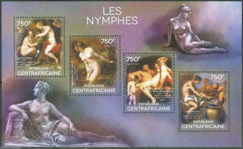 CENTRAL AFRICA  2014 THE NYMPHS RUBENS, ETTY, EVERDINGEN & RICCI SHEET MINT NH