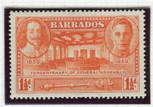 BARBADOS; 1939 early GVI Anniversary issue Mint hinged 1.5d. value