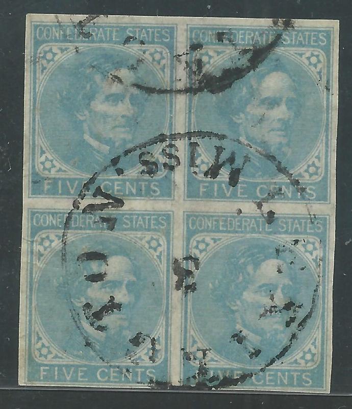 CSA Scott #6 Used Block of 4 Confederate Stamps Lexington, Miss VF