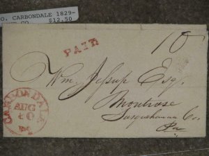 STAMPLESS COVER PA. D.P.O. CARBONDALE 1829-1878 LUZERNE CO. PAID 10 C