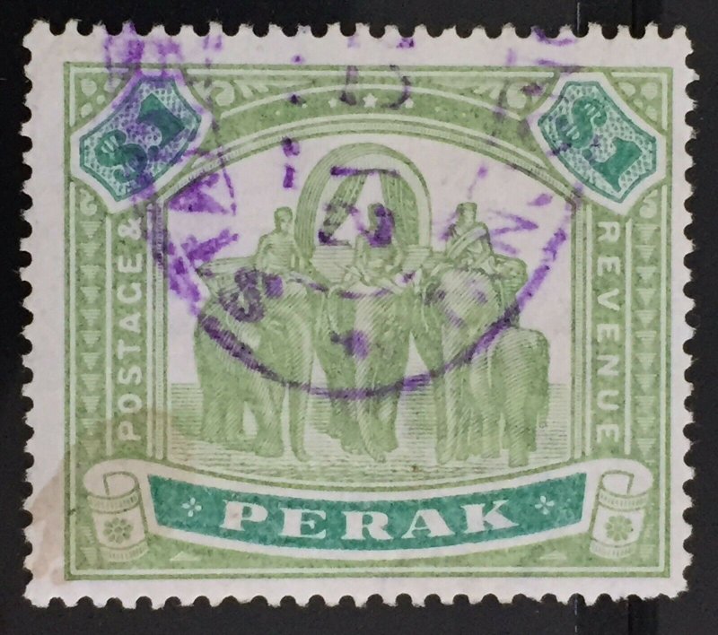 MALAYA 1896 PERAK Elephants & Howdah $1 Used SG#76 M2890