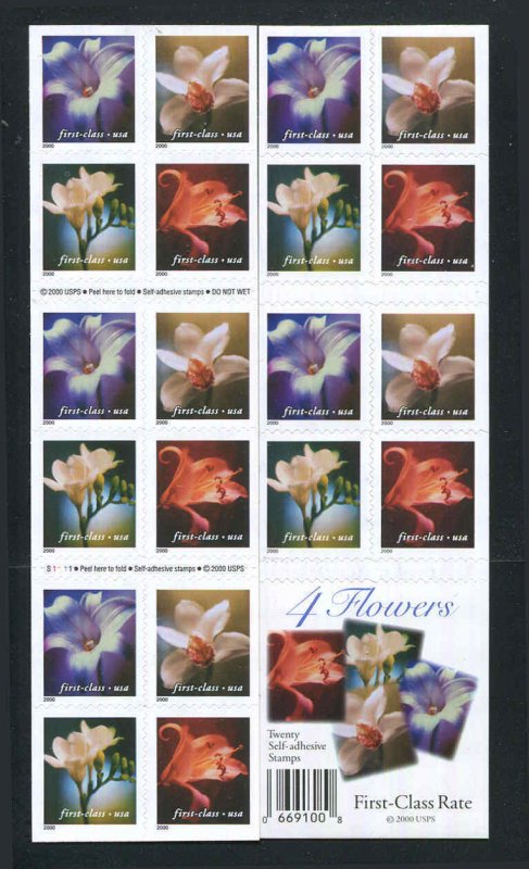 US # 3457e Non Denominational (34¢) 4 Flowers $6.80 Booklet of 20 VF NH MNH