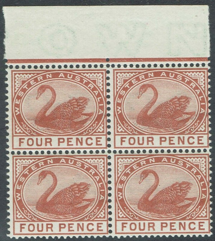 WESTERN AUSTRALIA 1885 SWAN 4D MNH ** BLOCK WMK CROWN CA 