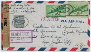 1943 Honolulu, Hawaii to New York, NY Registered Clipper Airmail (C5933)