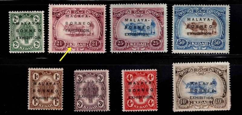 MALAYA Kedah Scott 3a-33a MH* 4 Malaya  Borneo Exhibition complete overprint set