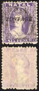 Natal SG83 6d Violet Wmk CC Opt POSTAGE (Davis) Cat 9 pounds