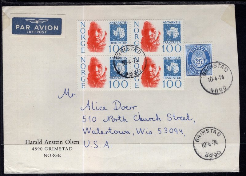 Norway to Watertown,WI 1974 Airmail Cover