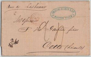 Argentina 1870 Buenos Aires to Cette France via Lisbon Stampless Folded Letter