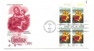 1507 Christmas 1973, Madonna ArtCraft plate block FDC