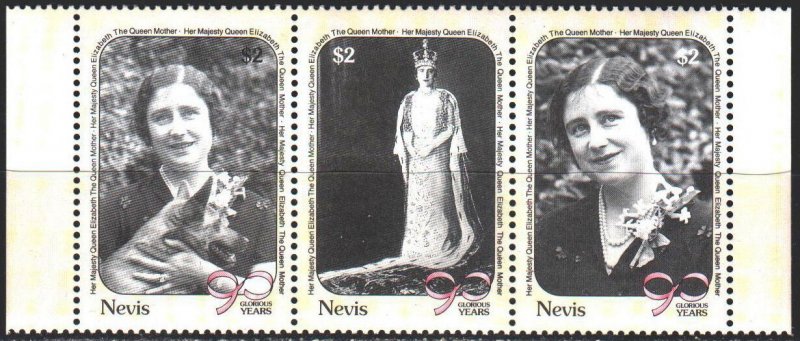 Nevis. 1990. 548-50. 90 years old queen mother, dog. MNH.