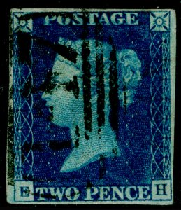 SG5, 2d blue, FINE USED. Cat £2500. BLACK 1844 POSTMARK. 4 MARGINS. EH