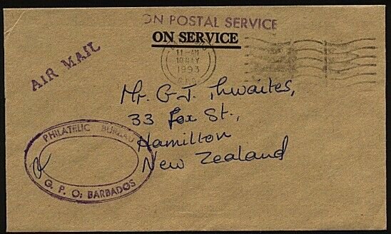 BARBADOS 1993 Official cover - airmail to New Zealand......................23986