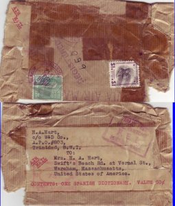 1942 APO 803, Trinidad to Wareham, Ma Wrapper w/20c & $1.00 Prexies (19339)