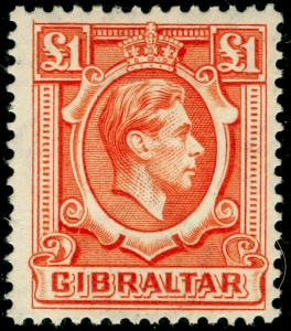 GIBRALTAR SG131, £1 orange PERF 13½ x 14, LUNMOUNTED MINT. Cat £42.