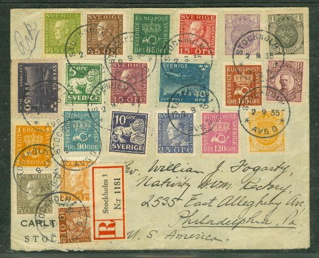 SWEDEN 1935, Multi franked incl. scarce 5kr Palace and others tied on reg cover