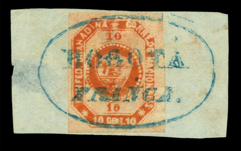 COLOMBIA 1859 Coat of Arms 10c red brwn Scott # 4 used XF on piece BOGOTA FRANCA